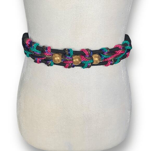 Vintage Bungee Statement Belt Black Fuchsia Multicolor Braided Woven Golden Bead main image 5